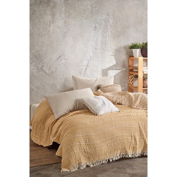 Żółta narzuta muślinowa na łóżko dwuosobowe 220x240 cm Etno – Mijolnir