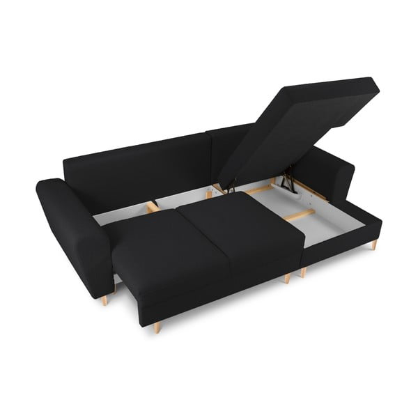 Czarny rozkładany narożnik ze schowkiem z materiału bouclé (prawostronny/z szezlongiem) Kyoto – Cosmopolitan Design-image-3