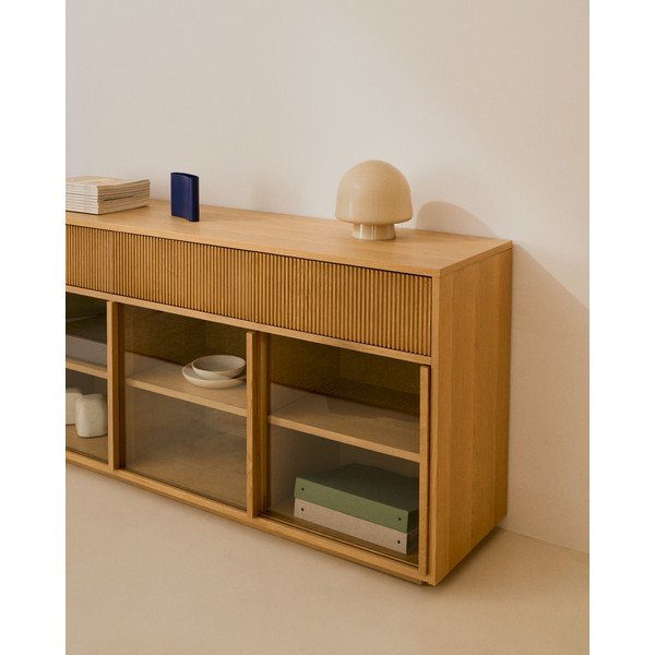 Witryna w dekorze dębu z drzwiami przesuwnymi w naturalnym kolorze 200x80x40 cm Helvine – Kave Home-image-4