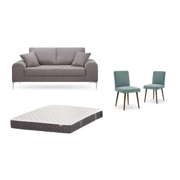 Zestaw 2-osobowej brązowej sofy, 2 szarozielonych krzeseł i materaca 140x200 cm Home Essentials