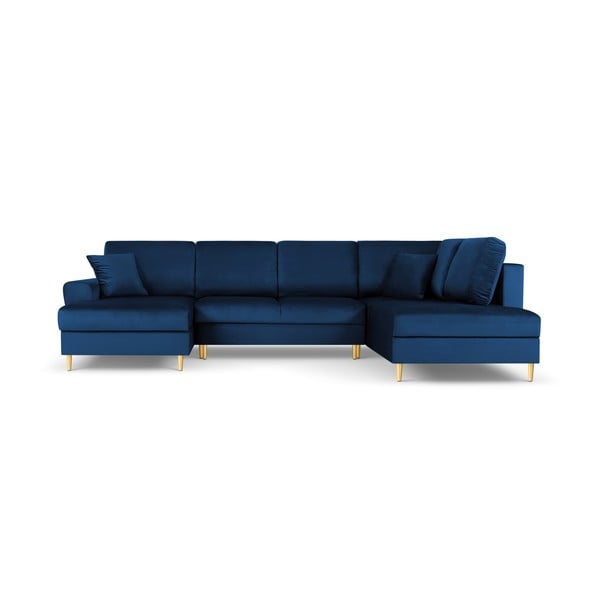 Niebieski aksamitny rozkładany narożnik ze schowkiem (prawostronny/w kształcie litery U) Kyoto – Cosmopolitan Design