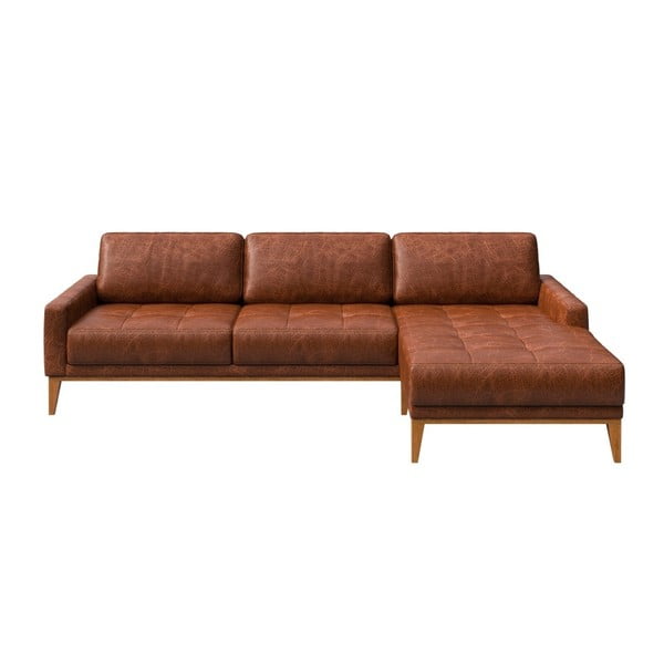 Karmelowa sofa skórzana z szezlongiem po prawej stronie MESONICA Musso Tufted