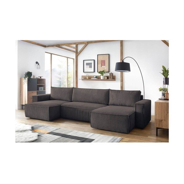 Szarobrązowy sztruksowy rozkładany narożnik (w kształcie litery U) Nihad – Bobochic Paris-image-1