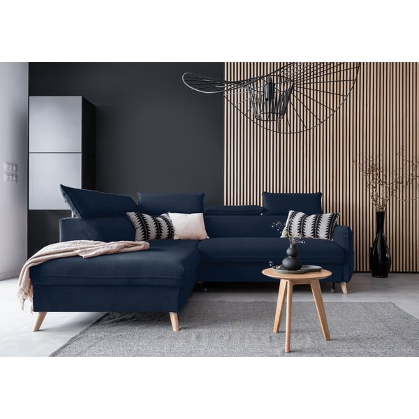 Ciemnoniebieski aksamitny rozkładany narożnik (lewostronny) Sweet Harmony – Miuform-image-1