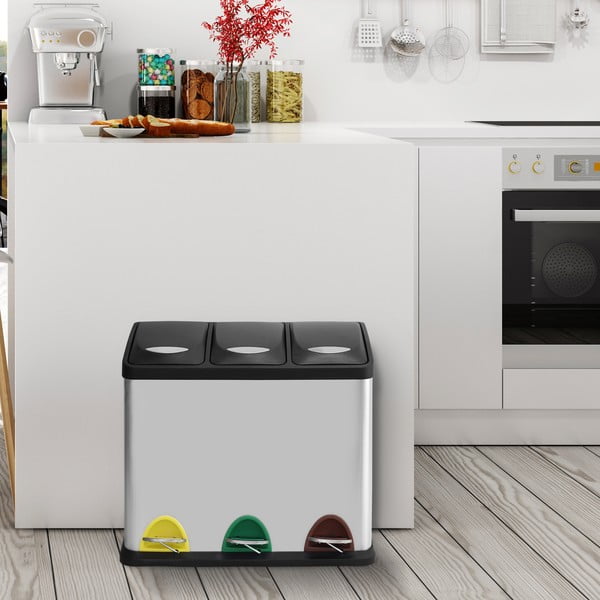 Stalowy kosz na śmieci 3x8 l do segregacji odpadów/z pedałem w kolorze matowego srebra   Tri Selectif – MSV-image-1