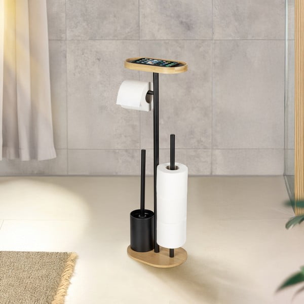 Czarno-naturalny stalowy stojak na papier toaletowy ze szczotką Pomarolo – Wenko-image-1
