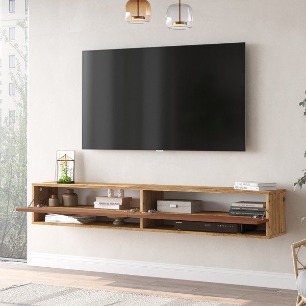 Ceglasto-naturalna szafka pod TV w dekorze sosny 180x29x32 cm – Kalune Design-image-4