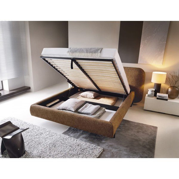 Tapicerowane łóżko dwuosobowe ze schowkiem ze stelażem 140x200 cm w kolorze ochry Pointt – ELTAP-image-2