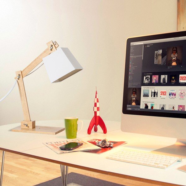 Biała lampa stołowa z drewnianą konstrukcją SULION Erasmo-image-1