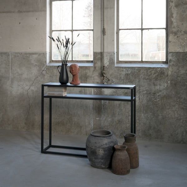 Czarna konsola z blatem z drewna dębowego 30x120 cm Daniël – Spinder Design-image-2