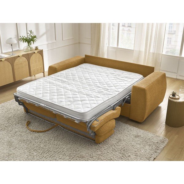 Musztardowa rozkładana sofa do spania z tkaniny szenilowej 220 cm Hugo – Bobochic Paris-image-1