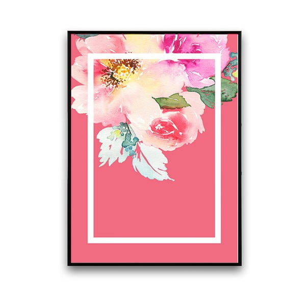 Plakat z kwiatami, różowe tło w białej ramce, 30 x 40 cm