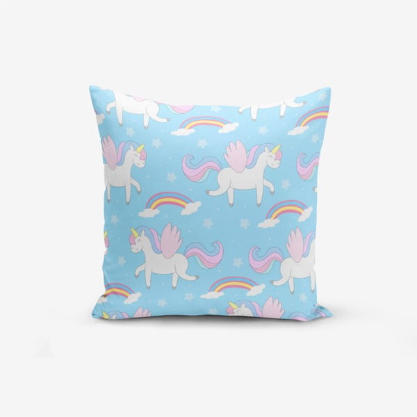 Poszewka na poduszkę z domieszką bawełny Minimalist Cushion Covers Blue Background Unicorn Rainbows, 45x45 cm