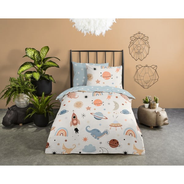 Niebiesko-beżowa bawełniana pościel dziecięca jednoosobowa 140x200 cm Eclips – Good Morning-image-1