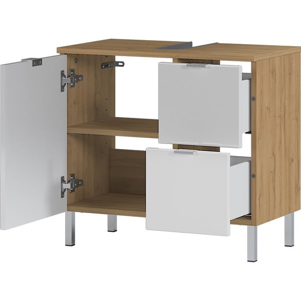 Biała szafka pod umywalkę z dekorem dębu Germania Mauresa, szer. 60 cm-image-3