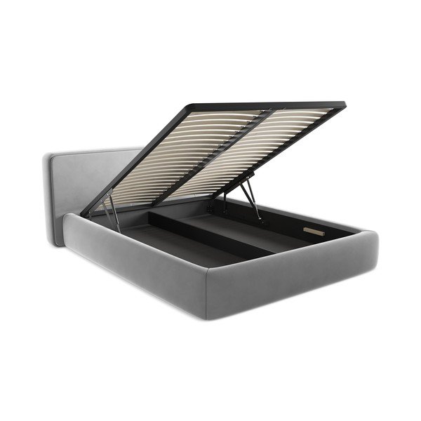 Szare tapicerowane łóżko dwuosobowe ze schowkiem i stelażem 160x200 cm Kiana – Makamii-image-3