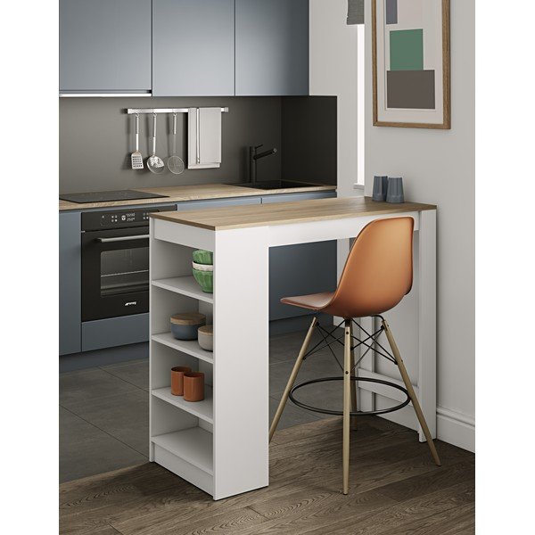 Biały stolik barowy z blatem w dekorze dębu 115x50 cm Aravis – TemaHome -image-1