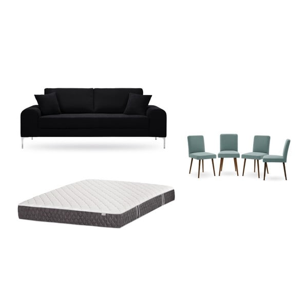 Zestaw 3-osobowej czarnej sofy, 4 szarozielonych krzeseł i materaca 160x200 cm Home Essentials