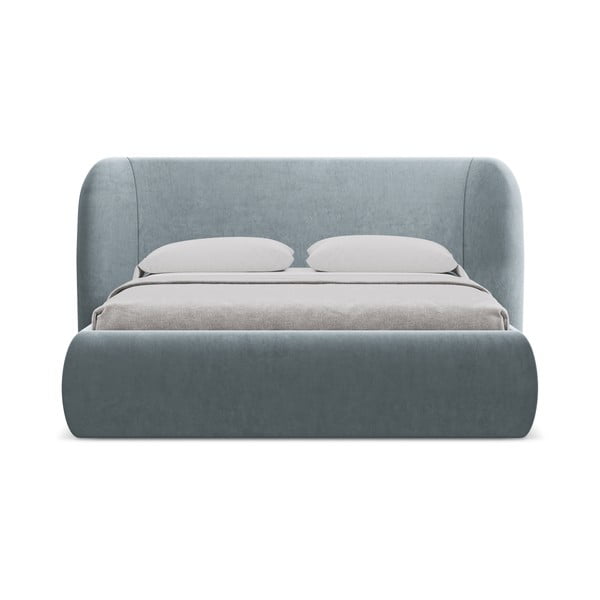 Jasnoniebieskie tapicerowane łóżko dwuosobowe ze schowkiem i stelażem 160x200 cm Hauke – Makamii-image-4