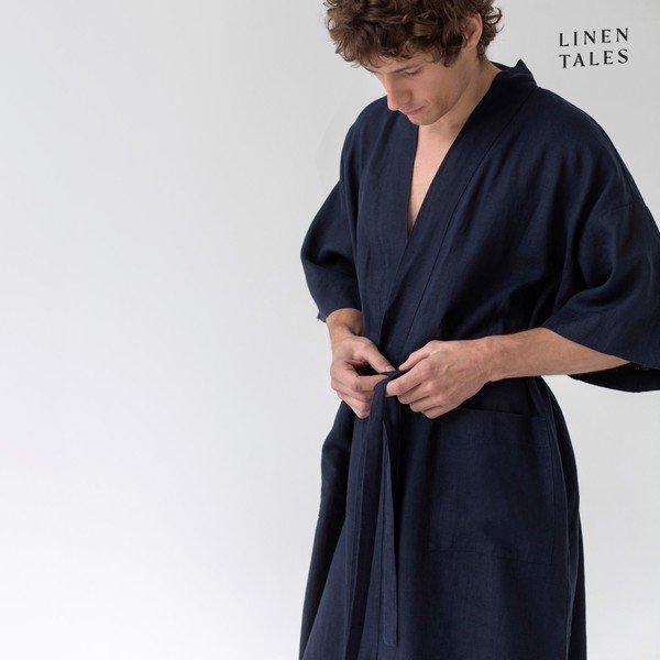 Ciemnoniebieski lniany szlafrok w rozmiarze S/M Summer – Linen Tales-image-1