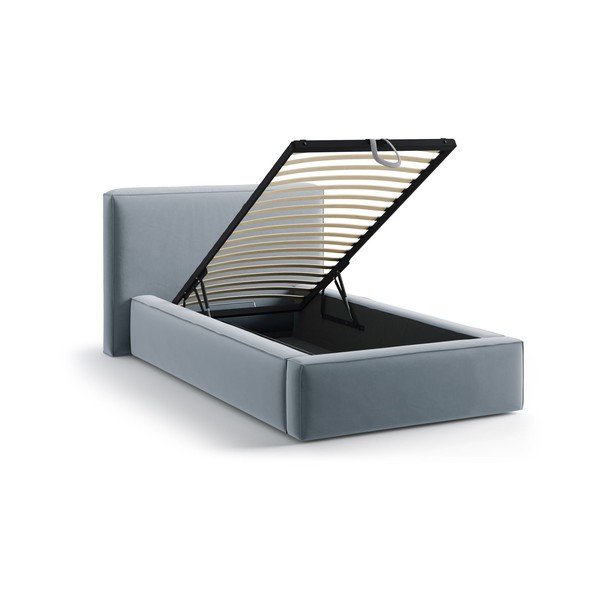 Jasnoniebieskie tapicerowane łóżko jednoosobowe ze schowkiem i stelażem 90x200 cm Jodie – Micadoni -image-1