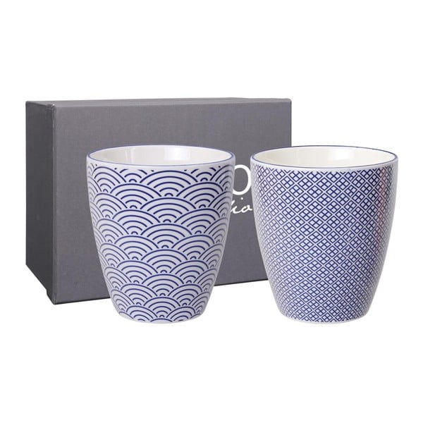 Zestaw 2 niebieskich porcelanowych kubków do herbaty Tokyo Design Studio Wave & Squares