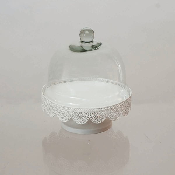 Biała patera metalowa ze szklanym kloszem Dino Bianchi, ⌀ 20,5 cm