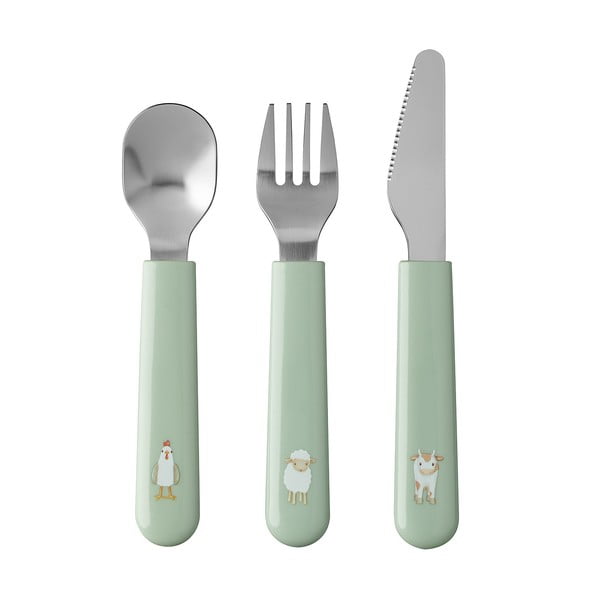 Sztućce dla dzieci w jasnozielonym-srebrnym kolorze ze stali nierdzewnej 3 szt. Little farm – Mepal
