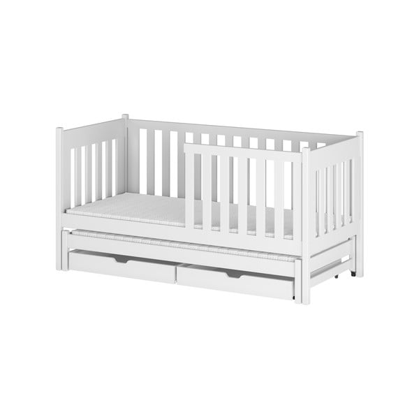 Białe łóżko dziecięce z drewna sosnowego z wysuwanym łóżkiem ze schowkiem 80x160 cm Kaja V5 – Lano Meble