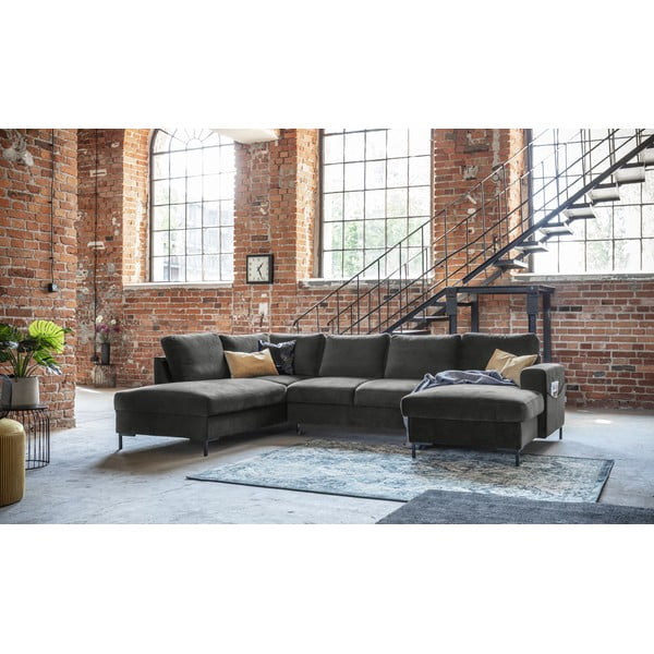 Ciemnoszara aksamitna rozkładana sofa w kształcie litery "U" Miuform Lofty Lilly, lewostronna-image-3