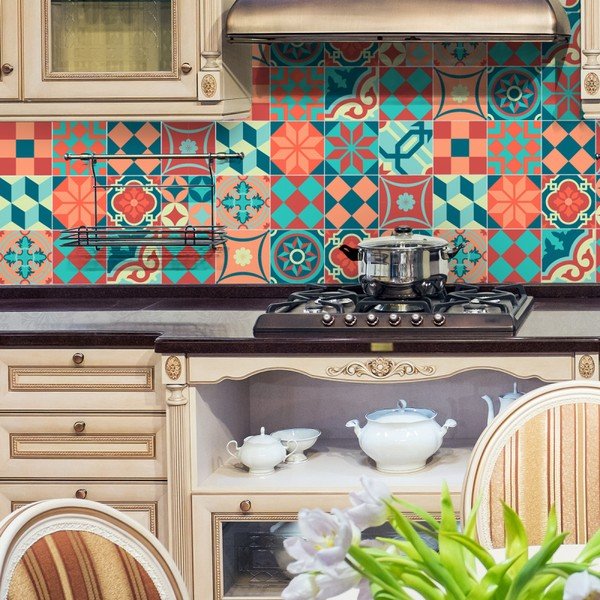 Zestaw 16 naklejek ściennych Ambiance Wall Stickers Tiles Azulejos Colorful Vintage Style, 10x10 cm-image-2