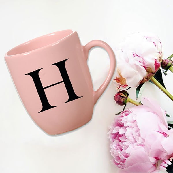 Różowy kubek ceramiczny Vivas Letter H, 330 ml