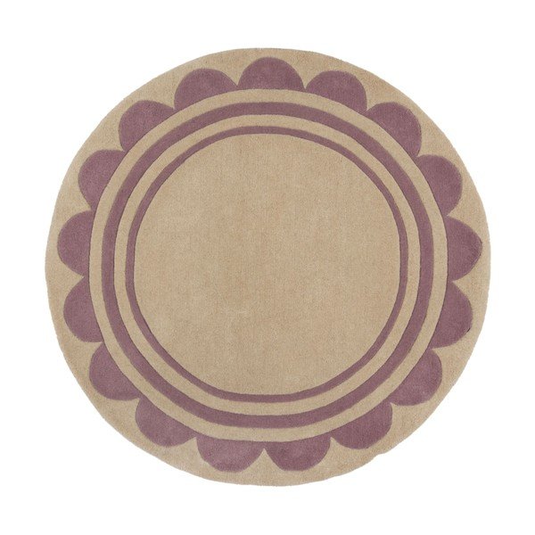 Fioletowo-naturalny wełniany okrągły dywan tkany ręcznie ø 120 cm Lois Scallop – Flair Rugs