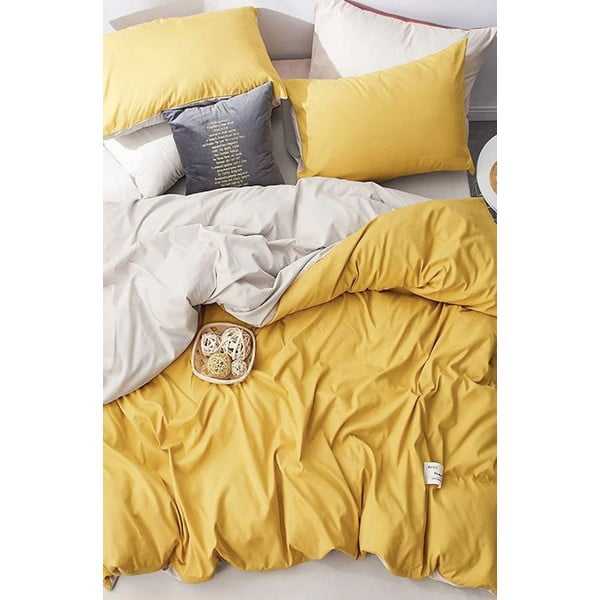 Żółto-kremowa bawełniana pościel dwuosobowa z prześcieradłem 200x220 cm – Mila Home-image-3