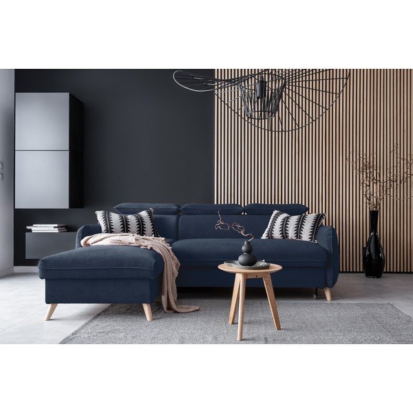 Ciemnoniebieski aksamitny rozkładany narożnik (lewostronny) Sweet Harmony – Miuform-image-1