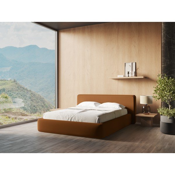 Tapicerowane łóżko dwuosobowe w kolorze terakoty ze schowkiem i stelażem 140x200 cm Kiana – Makamii-image-1