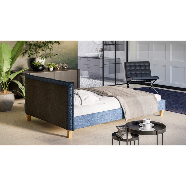 Niebieskie tapicerowane łóżko dwuosobowe ze stelażem 140x200 cm Tina – Ropez-image-3