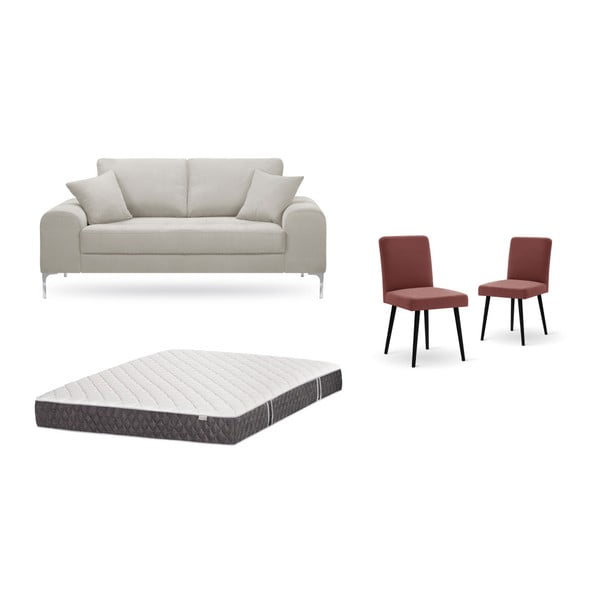 Zestaw 2-osobowej kremowej sofy, 2 czerwonych krzeseł i materaca 140x200 cm Home Essentials