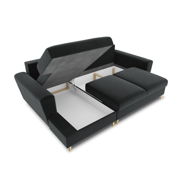 Ciemnoszary aksamitny rozkładany narożnik ze schowkiem (lewostronny/z szezlongiem) Kyoto – Cosmopolitan Design-image-3