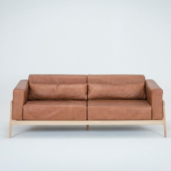 Karmelowa sofa z bawolej skóry z konstrukcją z litego drewna dębowego Gazzda Fawn, 210 cm-image-1