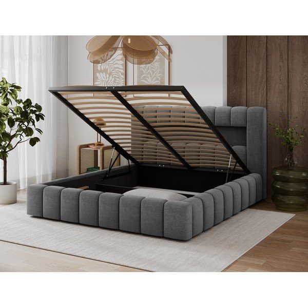 Szare tapicerowane łóżko dwuosobowe ze schowkiem ze stelażem 160x200 cm Lamica – ELTAP-image-2