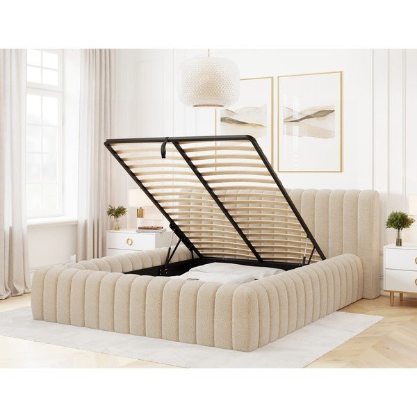 Beżowe tapicerowane łóżko dwuosobowe ze schowkiem ze stelażem 160x200 cm Carilla – ELTAP-image-2