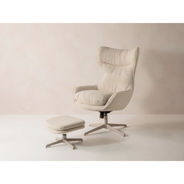 Beżowy obrotowy fotel z podnóżkiem z materiału bouclé Kenzi – Micadoni -image-3