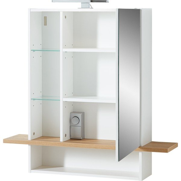 Biała wisząca szafka łazienkowa z lustrem w dekorze dębu 90x91 cm Novolino – Germania-image-3