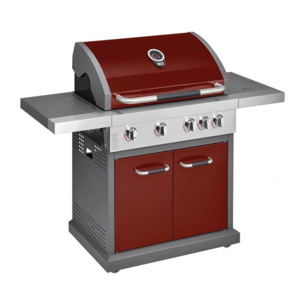 Czerwony grill gazowy z 4 palnikami, termometrem i boczną kuchenką Jamie Oliver Pro