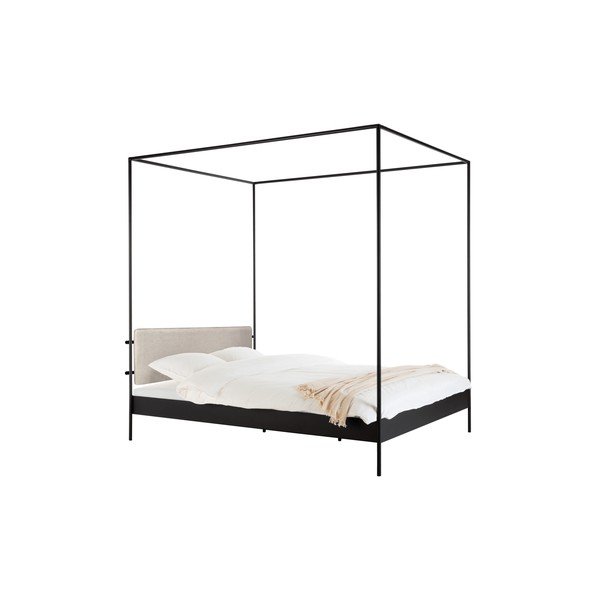 Czarne/beżowe stalowe tapicerowane łóżko dwuosobowe z baldachimem ze stelażem 180x200 cm Eton – noo.ma