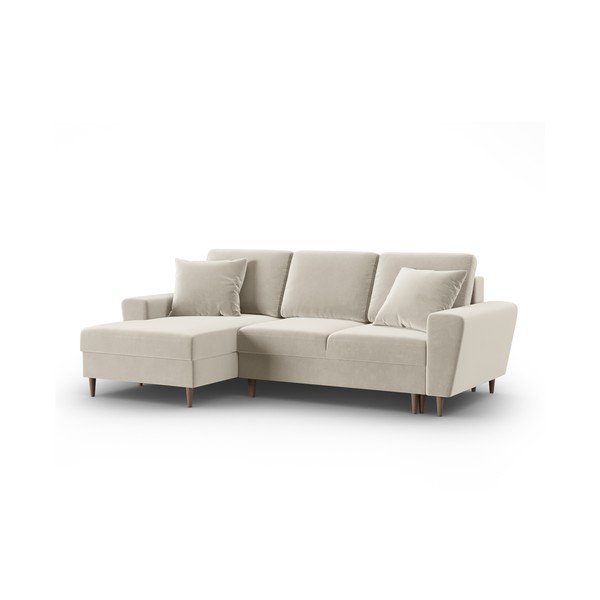 Beżowy aksamitny rozkładany narożnik ze schowkiem (lewostronny/z szezlongiem) Kyoto – Cosmopolitan Design-image-4