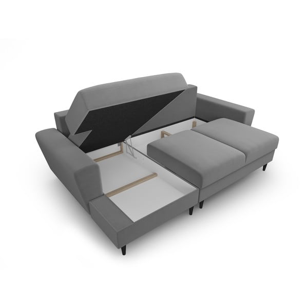 Jasnoszary aksamitny rozkładany narożnik ze schowkiem (lewostronny/z szezlongiem) Kyoto – Cosmopolitan Design-image-3