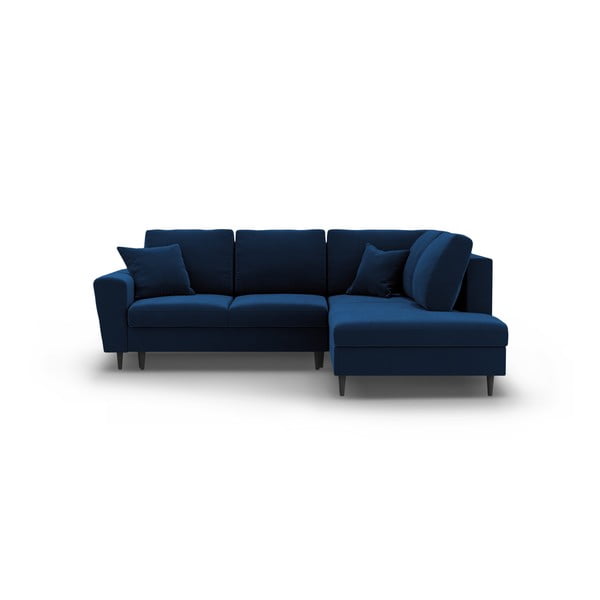 Niebieski aksamitny rozkładany narożnik ze schowkiem (prawostronny/w kształcie litery L) Kyoto – Cosmopolitan Design