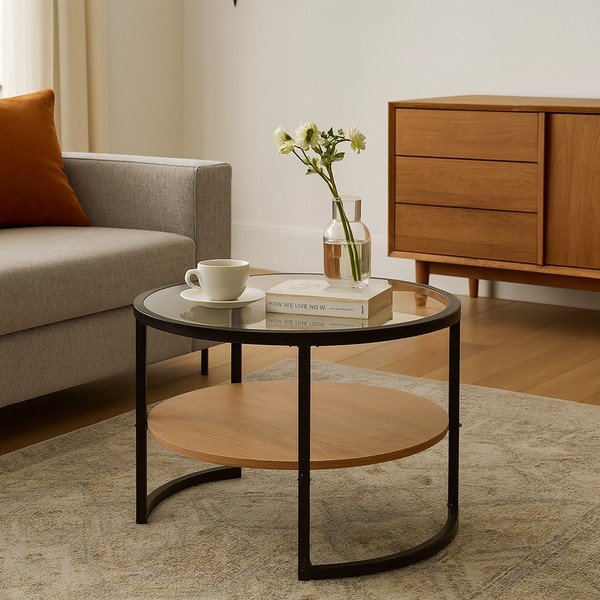 Czarno-naturalny okrągły stolik w dekorze dębu ø 68 cm Zanu – Bonami Essentials-image-1